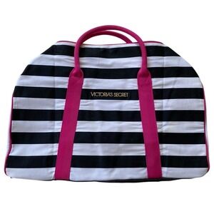 Victoria's Secret Signature Striped Weekender Duffle Bag Tote Black White Stripe